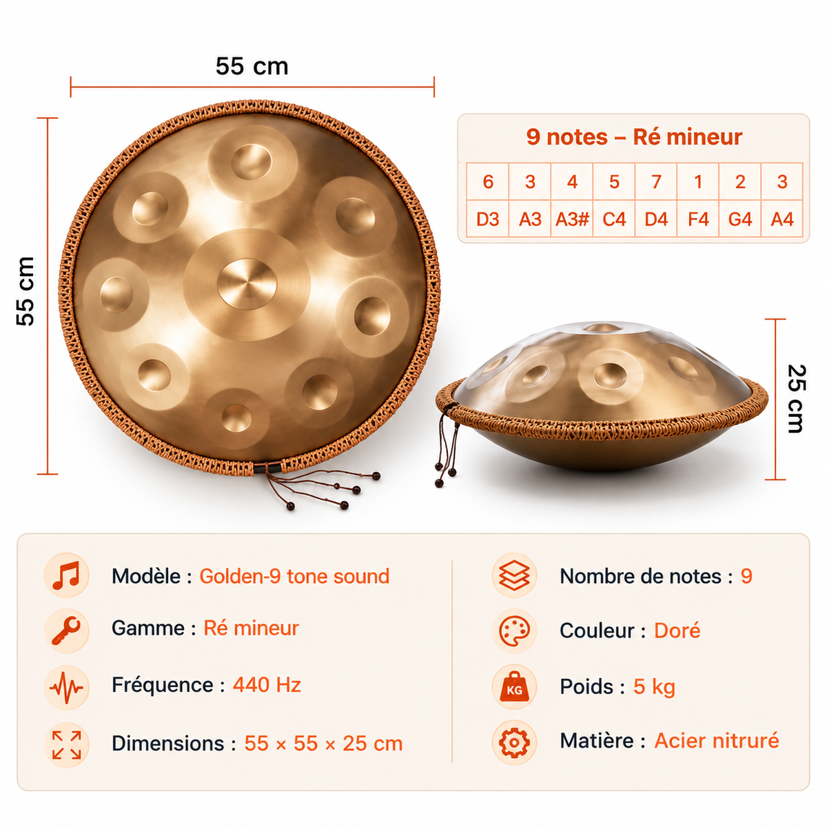 Handpan Nahara Doré 9 Notes en Ré Mineur - 440 Hz