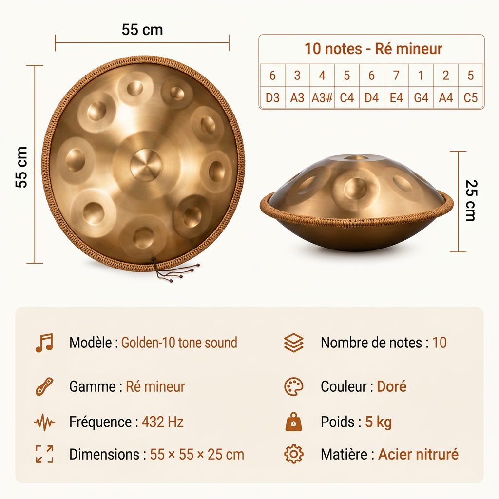 Handpan Nahara Doré 10 Notes en Ré Mineur - 432 Hz