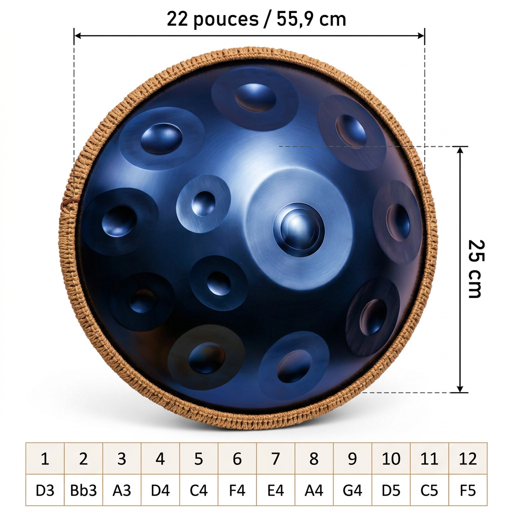 Handpan Éclipse Bleu 12 Notes - Ré Mineur Kurd 432 Hz